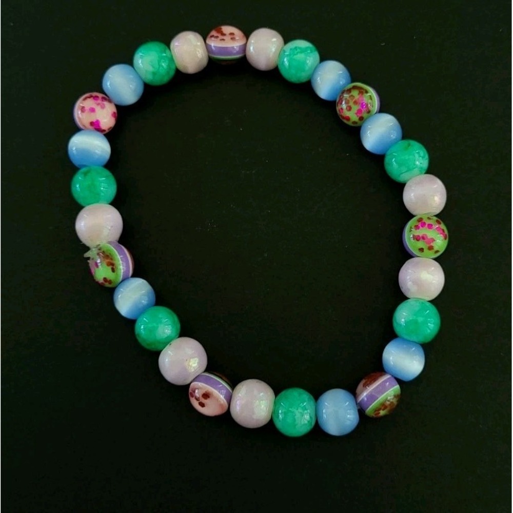 Multicolor Cat Eye Lampwork Glass Bead Stretch Bracelet Pink Blue Green